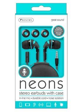 Sentry Neons Earbuds In-Ear Headphones w/Mic Noise Isolation Black/Teal Zip Case